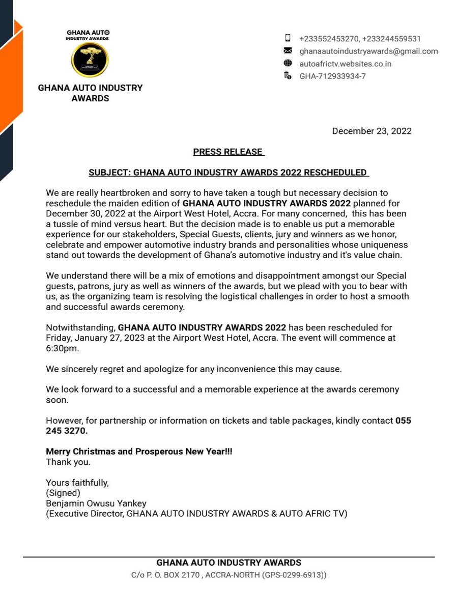 Gh_Auto_Awards's tweet photo. PRESS RELEASE!!!

THE MAIDEN EDITION OF GHANA AUTO INDUSTRY AWARDS 2022 RESCHEDULED https://t.co/KFpnIGBeAw