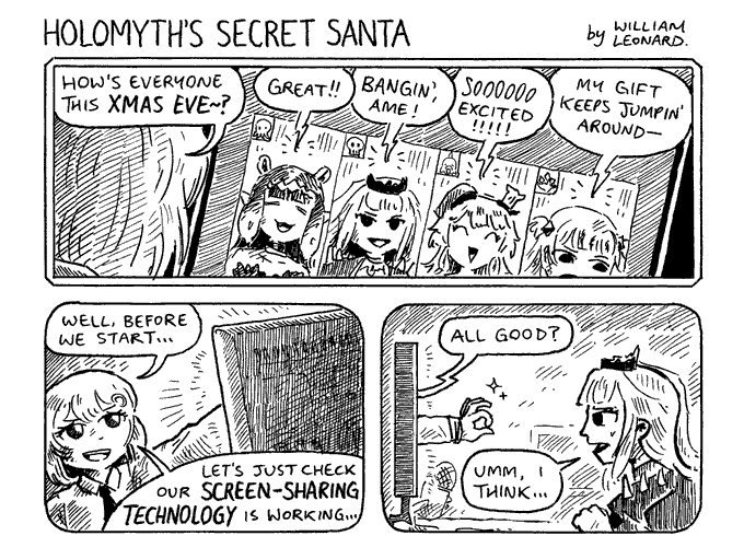 HOLOLIVE ENGLISH: MYTH, in: "#HoloMyth Secret Santa" (with BONUS Santa Secret!!)
#ameliaRT #inART #callillust #artsofashes #gawrt 