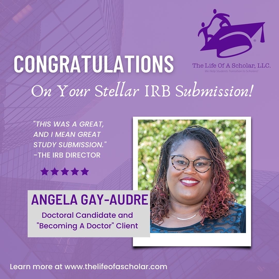 The_ScholarLife's tweet photo. 🔥#ScholarShoutout 🔥

Congratulations to our All-Star Client soon-to-be Dr. angela gay-audre for her amazing IRB submission! 🥳🎉🎊 

#thelifeofascholar #dissertation #dissertationcoaching #dissertationproposal #dissertationdefense #institutionalreviewboard #irb #researchstudy https://t.co/2ek4l7tkxn