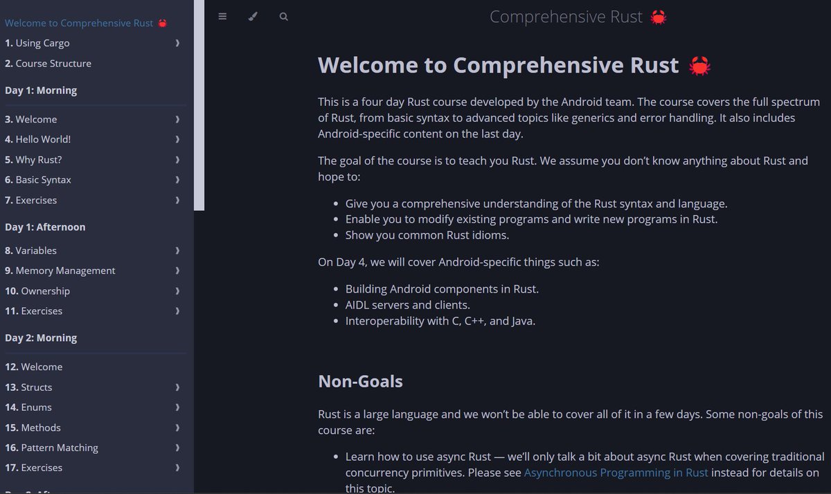 Awesome 4 Day Rust Course From Android team's internal training, covering basic syntax to advance topics  👇

google.github.io/comprehensive-…

#rustlang #100DaysOfCode