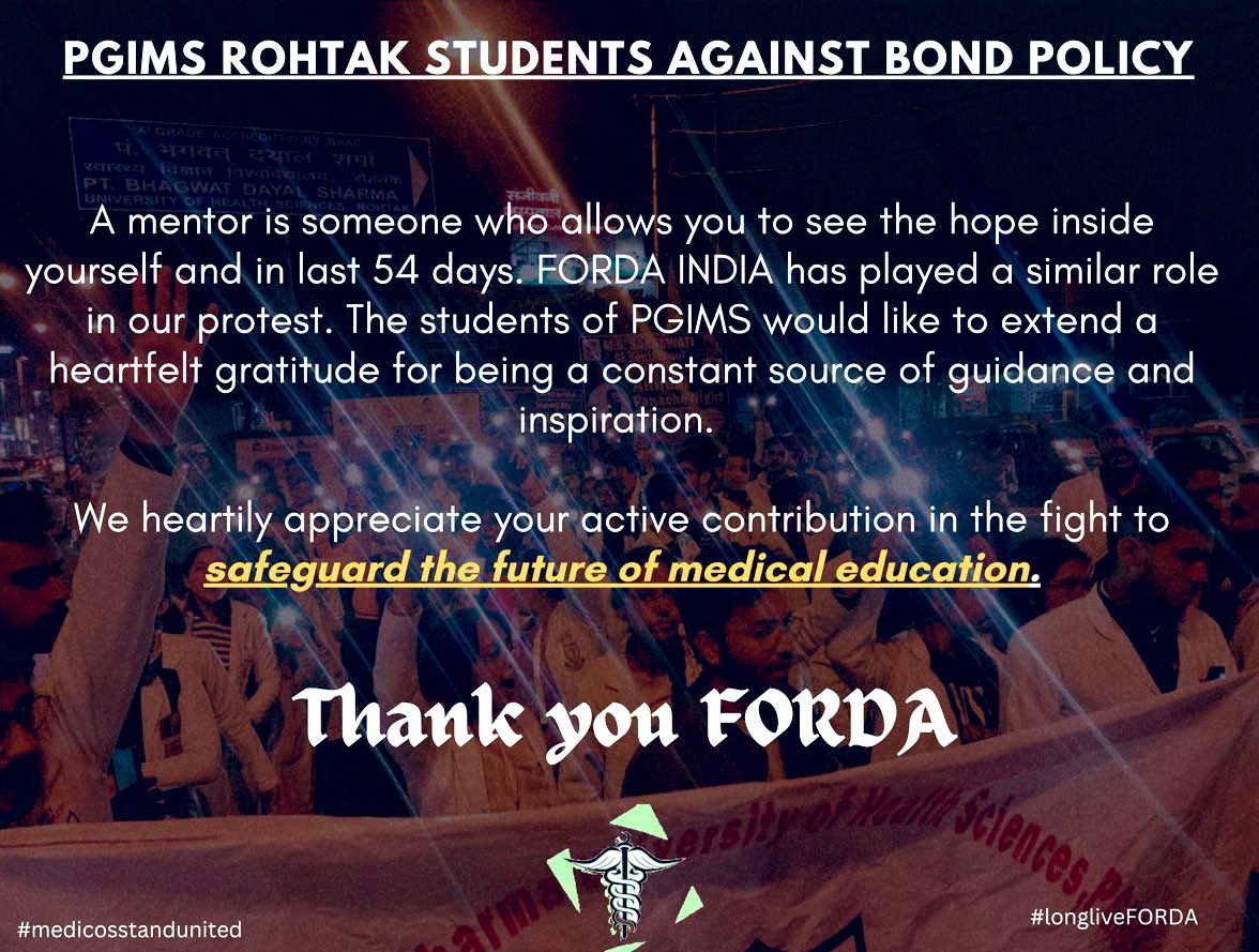 FordaIndia's tweet photo. With the 54 days long Haryana Protest coming to an end,medical fraternity has yet again demonstrated the power of unity. And most of all, the formidable democracy this nation commands. Every slogan,every hand mattered.Congratulations &amp; Thank you! #MedTwitter @cmohry @OfficeOf_MM https://t.co/lk8TVMYlGv