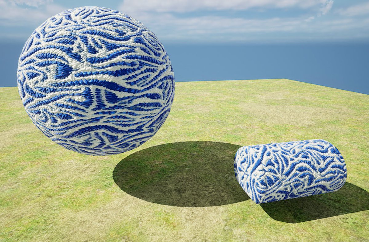 madorominn's tweet photo. AIで生成したパターン画像から3DCGマテリアルを作成してみた。
3DにもAIの波がくると言われているけど、少なくともマテリアルは早々に導入が進みそう。

1. Stable Diffusionでパターン画像を生成
2. Adobe Substance Samplerでマテリアル化（刺繍っぽいフィルターも適用）
3. Unreal Engineへimport https://t.co/KDjDFz7L2J