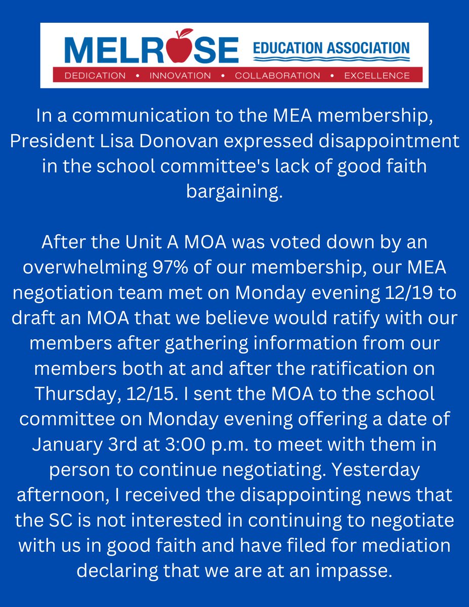 MEUMelroseMA's tweet photo. Teachers deserve respect. We care about our schools. Please share this message. 
To the @SchoolMelrose and @MayorBrodeur https://t.co/iz5BO3Cued