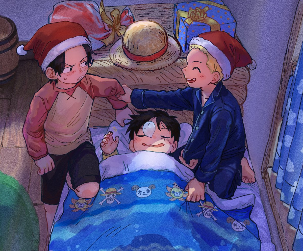 monkey d. luffy hat multiple boys 3boys male focus santa hat sleeping christmas  illustration images