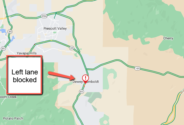 ArizonaDOT's tweet photo. State Route 69 southbound at milepost 279 nears 1st Street: A crash is blocking the left lane.
#SR69 #aztraffic https://t.co/jOxuszITS7