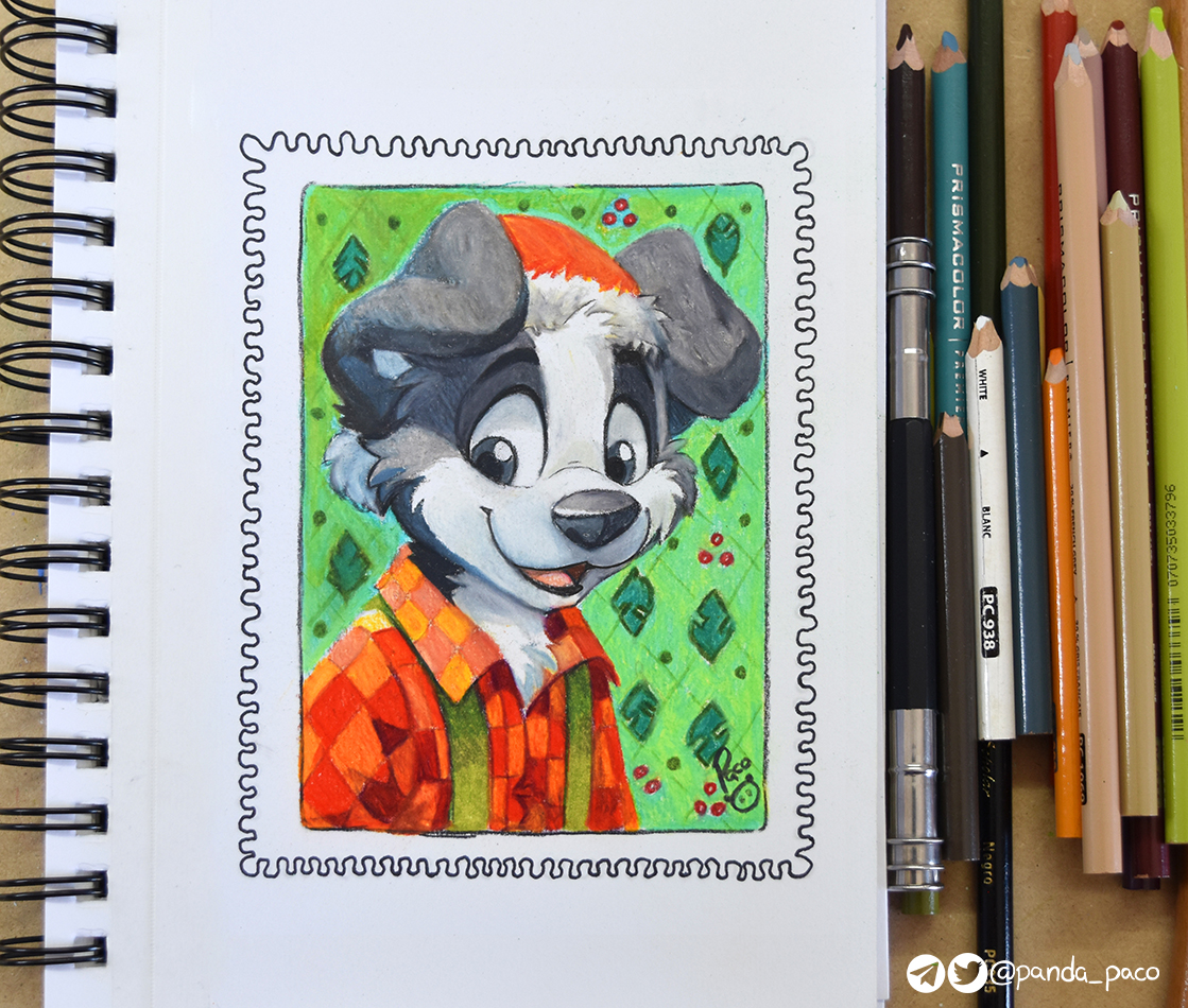 Every year I make some Christmas stamps for my cards, I try to include different own characters on them, but this time I wanted to do something different, and I included my boyfriend (soon husband) <a href="/RoniTheDog/">Roni</a> 

Merry Christmas, everyone!!

Traditional. Colored pencils.