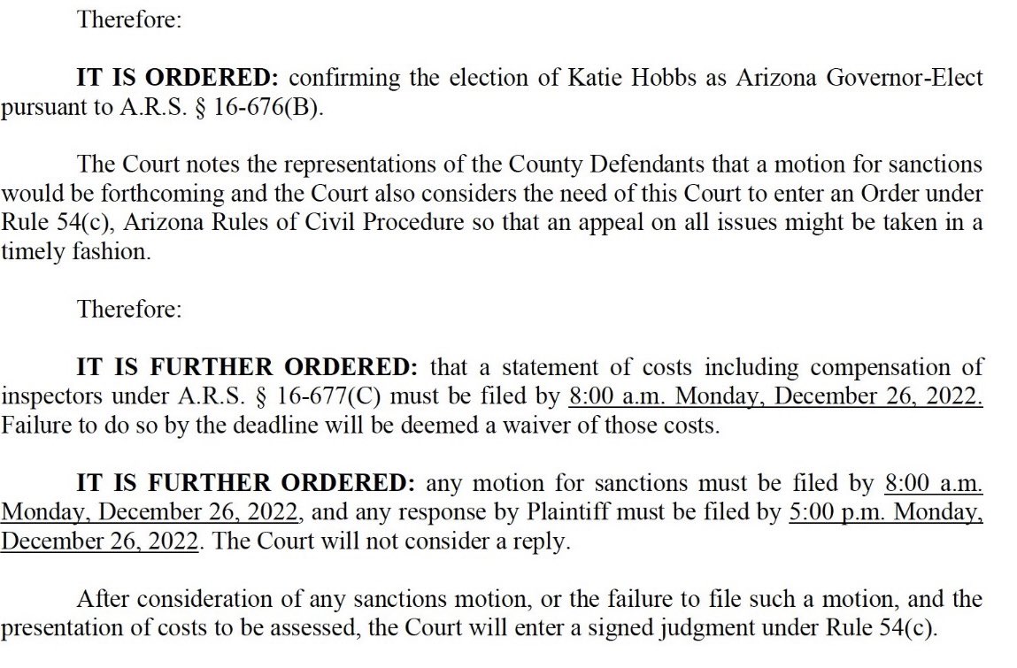 A judge not only just rejected Kari Lake’s attempt to overturn the results of her election — he invited sanctions motions as well.

Welcome to the finding out phase, Kari Lake. You loser.