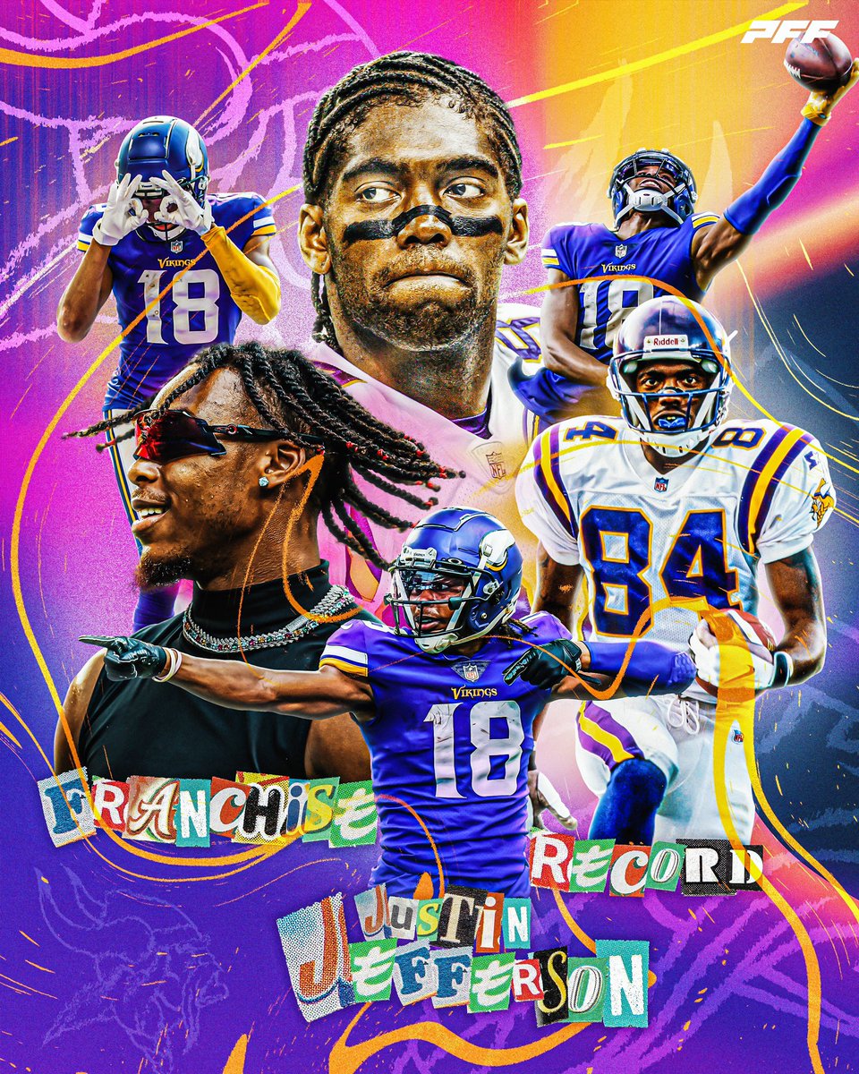 PFF's tweet photo. Justin Jefferson has passed Randy Moss for most receiving yards in a single season in Vikings history 👏 https://t.co/7Aqf7FoueJ