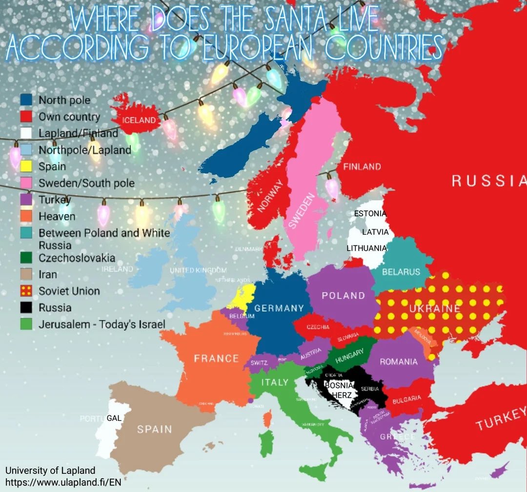 Where does the Santa Claus live according to each European country? 🎅🏽