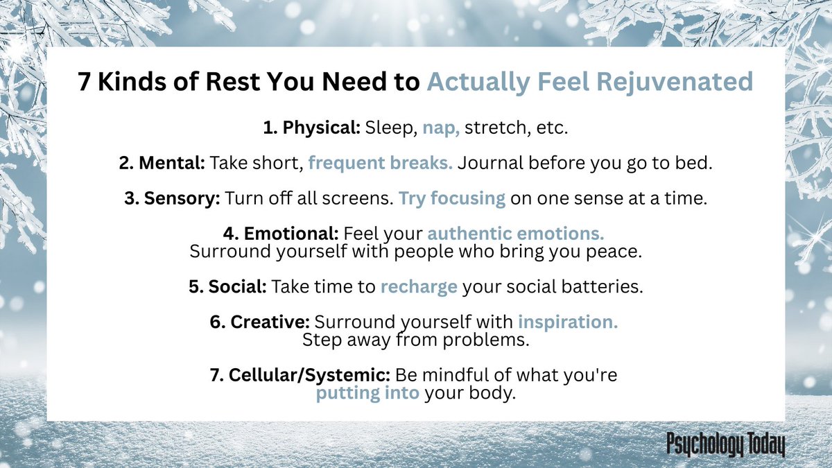 PsychToday's tweet image. There's more than one way to rest and repair your body and mind. Are any of these missing from your life? bit.ly/3Vg1XIo