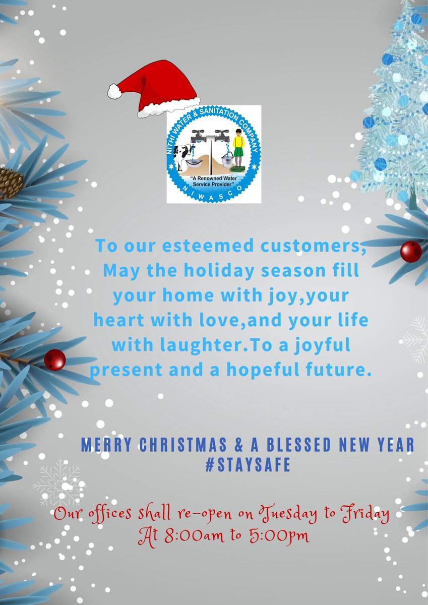 NithiWater's tweet photo. Merry Christmas &amp; A Blessed New Year from The Board of Directors, Management and Staff of Nithi Water &amp; Sanitation Company Ltd.
#staysafe https://t.co/ms9kjKaEoA
