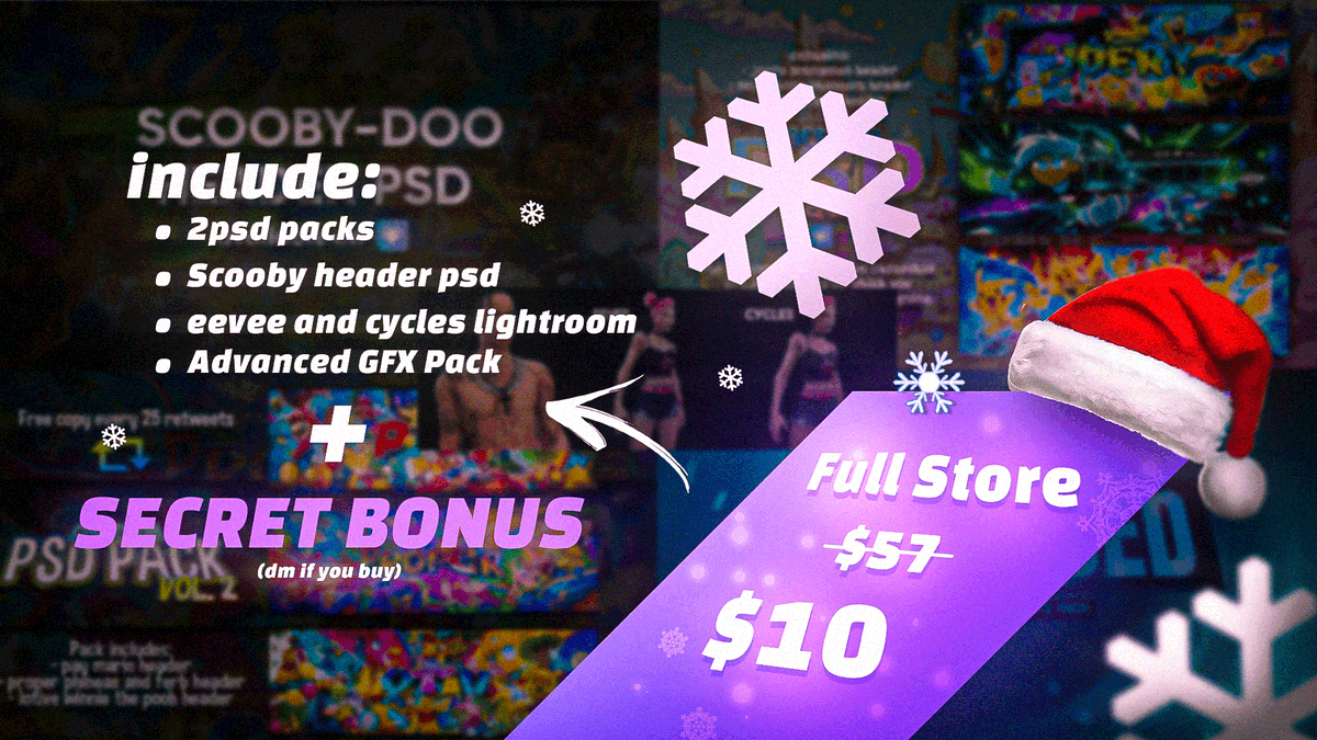 naxzzDZN's tweet photo. 🎁Full Store by $10🎁
- Offer available until January 1 ❄️

- Buy here: https://t.co/c15CE2eDVd 

- Like and retweet for a chance of winning a free copy - Picking one person every 25 retweets ❤️ https://t.co/1S86Vv0LPE