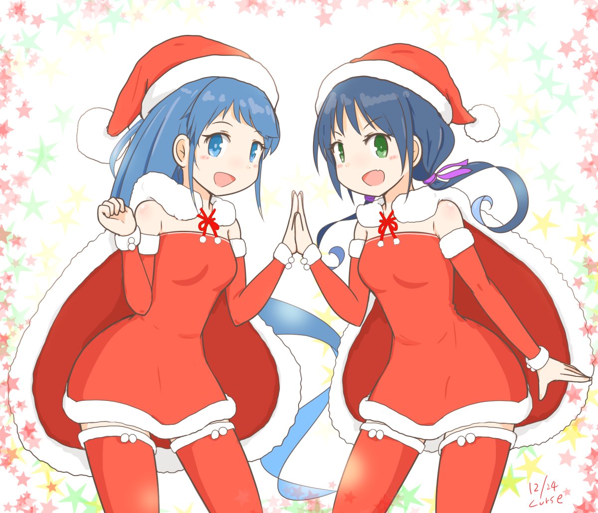 samidare (kancolle) ,suzukaze (kancolle) multiple girls 2girls blue hair hat long hair green eyes thighhighs  illustration images