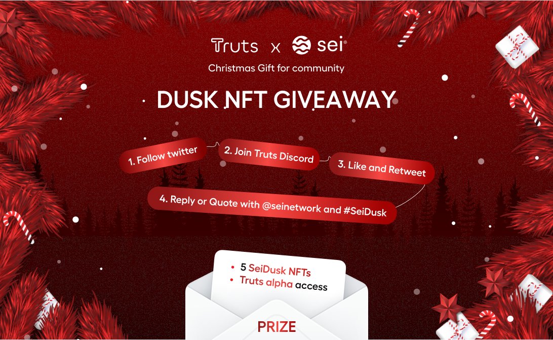 evmetio's tweet photo. 🎉Christmas Gift for the community🎉

🎁5 SeiDusk NFTs and Alpha access for Truts

To win:

- Follow @trutsxyz and @SeiNetwork
- Like and RT
- Reply or RT by tagging @SeiNetwork and #SeiDusk
- Join Truts Discord

Winners will be announced soon,
Let the game begin,
WAGMI https://t.co/hzjarTx86p