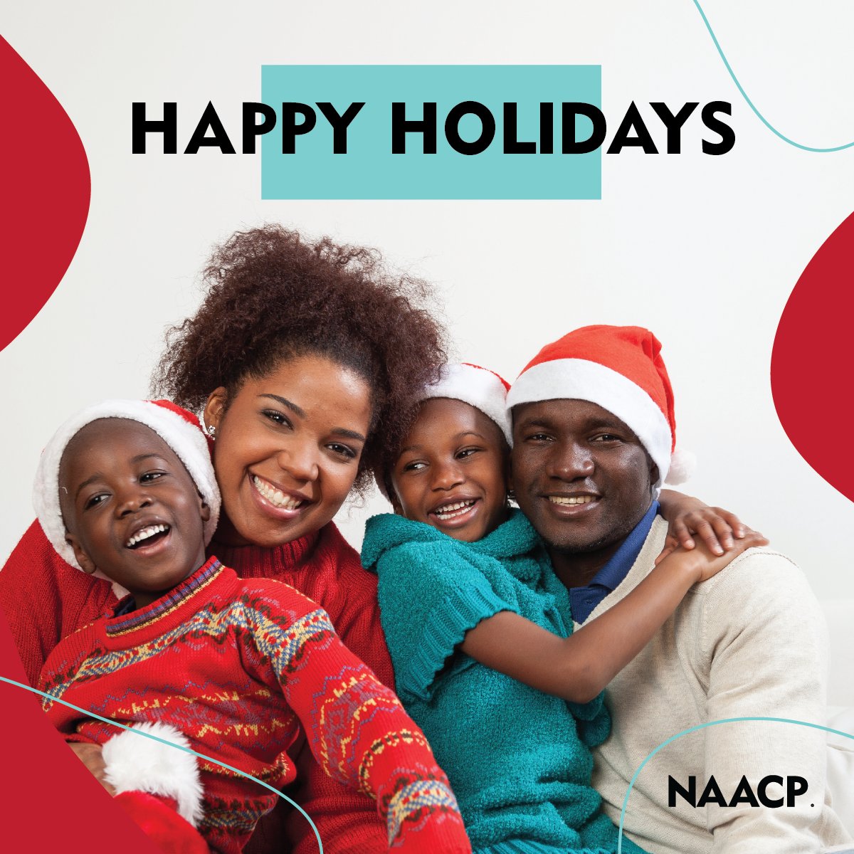 NAACP's tweet image. We’re wishing you and yours a wonderful Happy Holiday full of joy, family and gratitude. 

We’ve had a powerful year together. Let’s continue to end the year with love and unity. #THRIVE