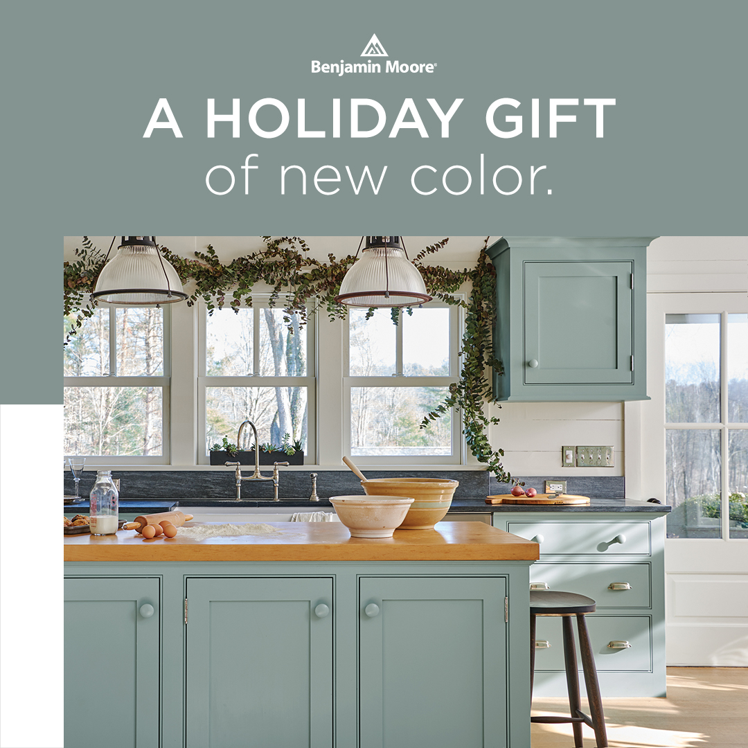 Which colours do you associate with this time of the year?  <a href="/BenjaminMooreUK/">Benjamin Moore UK</a> 
Wall: White Heron OC-57 Regal Select, Eggshell 
Trim: White Heron OC-57 Regal Select, Pearl 
Ceiling: White Heron OC-57 Regal Select, Flat 
Cabinets: Wythe Blue HC-143 ADVANCE, Satin

#benjaminmoore