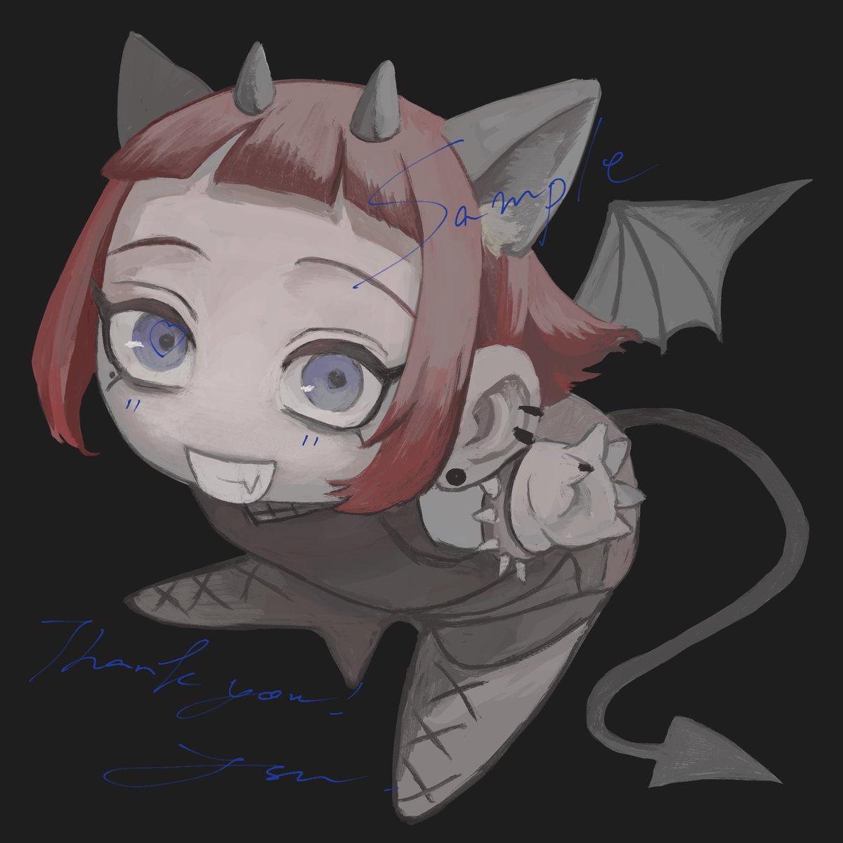 horns 1girl wings solo tail spikes smile  illustration images