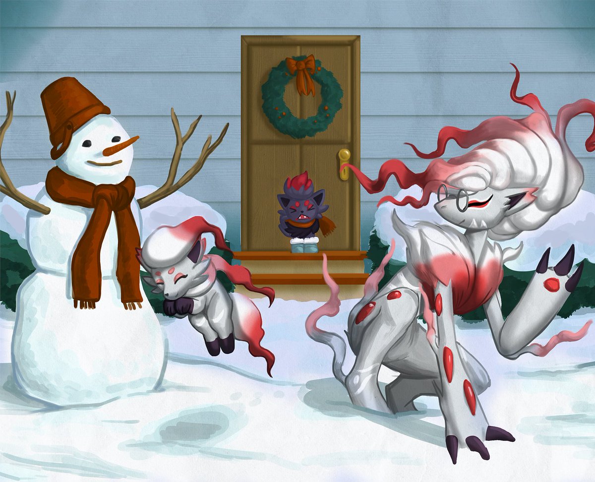 MxMaraMoose's tweet photo. Moira: (ﾉ◕ヮ◕)ﾉ*:･ﾟ✧"Come on  out! The Snow feels soooo good!!!" 
YU:ヾ(≧へ≦)〃"Its unfair!you're ghostytypes!! the cold goes right through you!! IM going back in ya undead wierdos" 
Happy Holidays from the Zoru Crew &amp; Stay warm out there! https://t.co/1yxi6NeW93