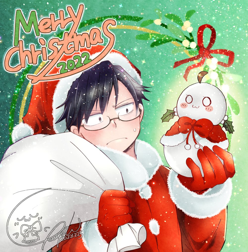 1boy male focus glasses hat red gloves black hair gloves  illustration images