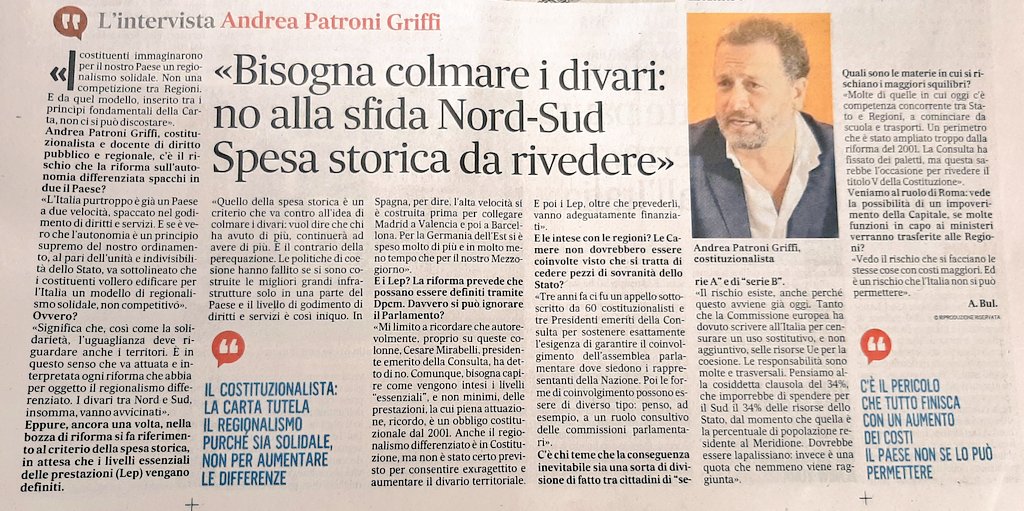 Intervista (di Natale ) sul Messaggero di oggi su Sud, coesione, regionalismo differenziato