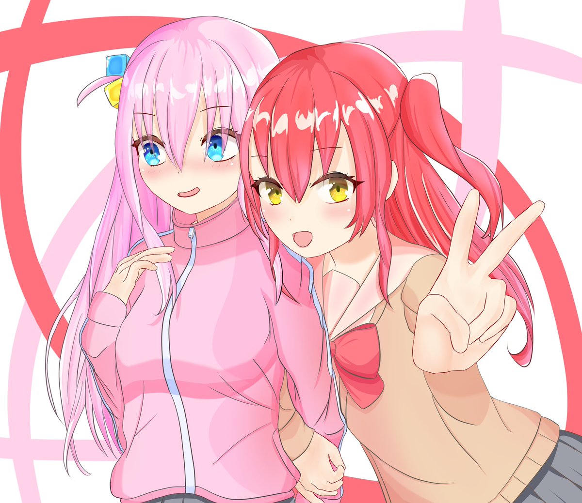 gotou hitori multiple girls 2girls pink hair school uniform hair ornament track jacket red hair  illustration images