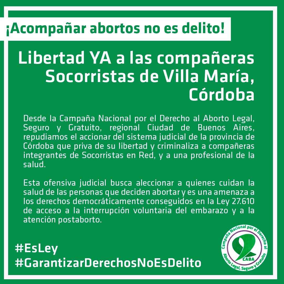 CampAbortoCABA's tweet photo. ¡Acompañar abortos no es delito!
Libertad YA a las compañeras @socorristasarg de Villa María, Córdoba. 
Desde la @CampAbortoCABA , regional Ciudad de Buenos Aires, repudiamos el accionar del sistema judicial de la provincia de Córdoba, https://t.co/vMb2KOuxKd