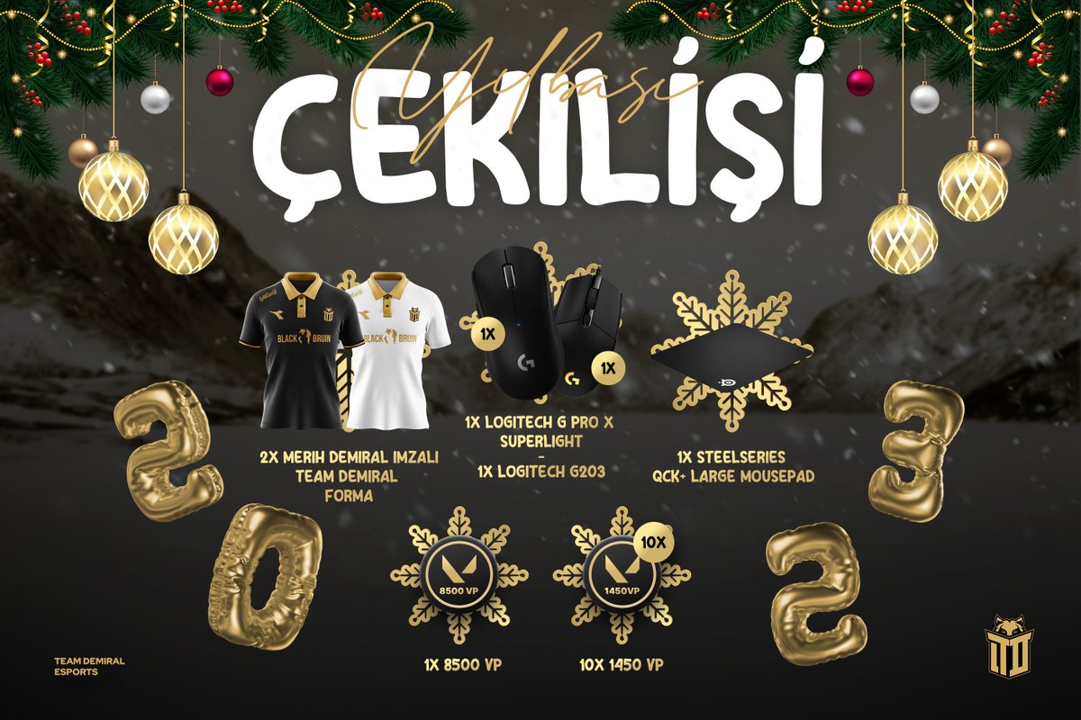2023'e büyük bir yılbaşı çekilişi ile giriyoruz! 🎄

Katılmak için:

▪️ Bizi (@tdemiralesports)'u takip et.
▪️ Bu tweeti beğen ve RT yap.
▪️ 1 arkadaşını yoruma etiketle.

Çekiliş 01.01.2023 tarihinde sona erecektir.