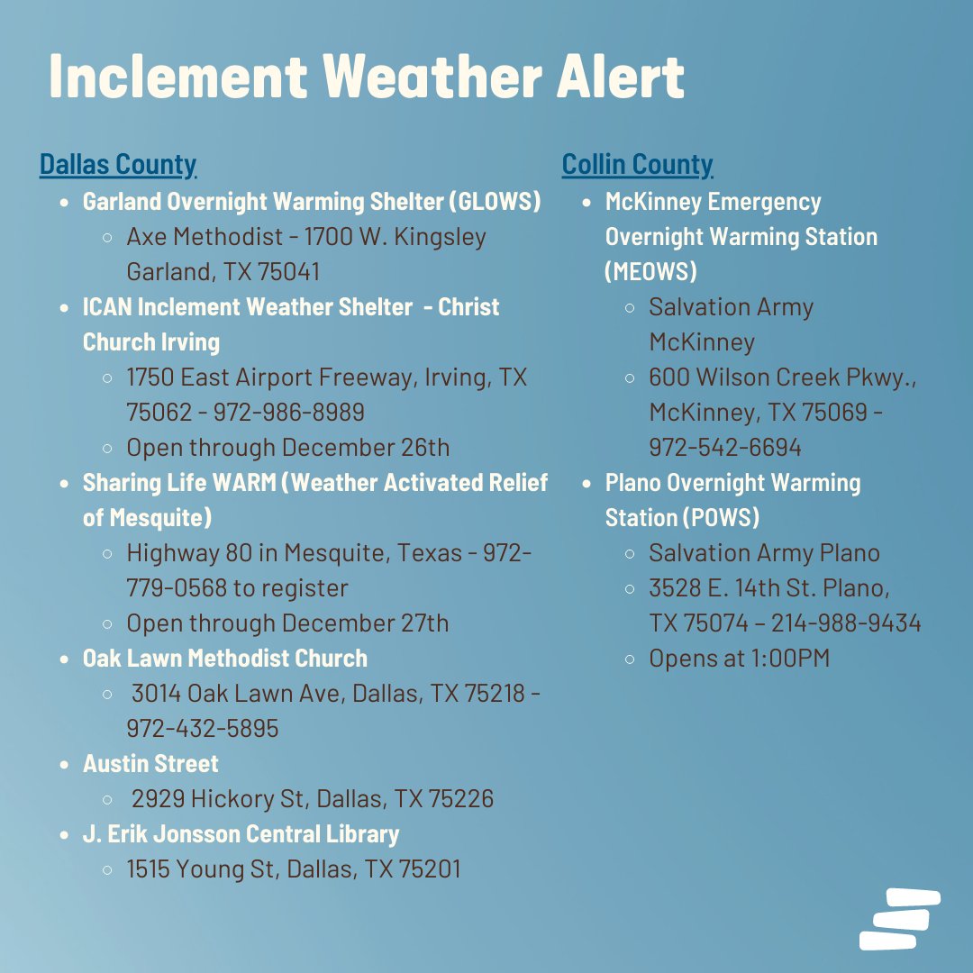 Attention! Inclement Weather Shelters are open to our unhoused neighbors in Dallas and Collin Counties. ❄️ Several shelters will be active throughout the weekend.

Please visit housingforwardntx.org/help-resources/ to stay updated on shelter activations. 
#InclementWeather #WarmingShelters