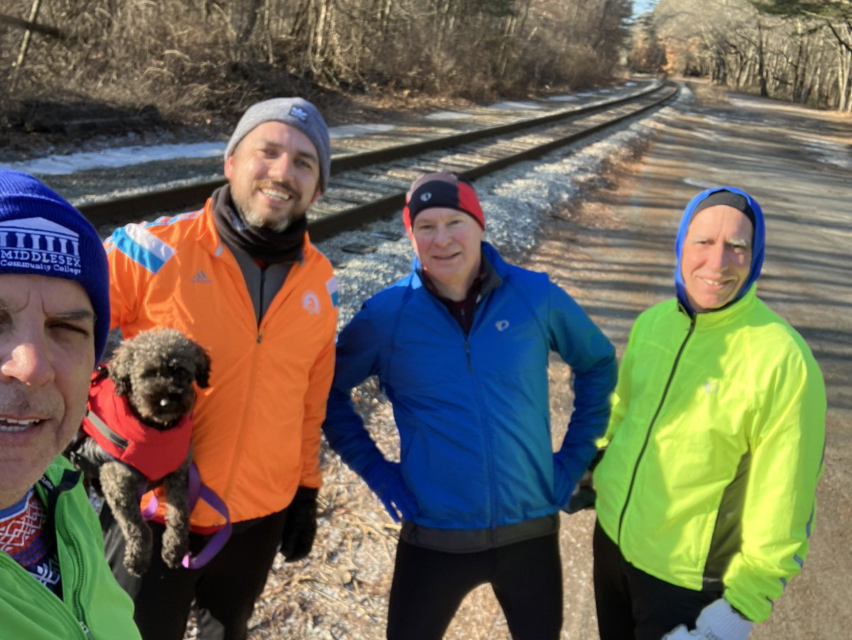 patrickecook's tweet photo. A balmy 9 degrees at the start - with a wind chill of -4 - not enough to deter the #EStreeters from logging their annual #ChristmasEve #run - thankfully, sans the coyotes of #Westford, but with @ChewieCook a coyote in his own mind @AndrewCooker @jpiekos https://t.co/qvQeNerjgK