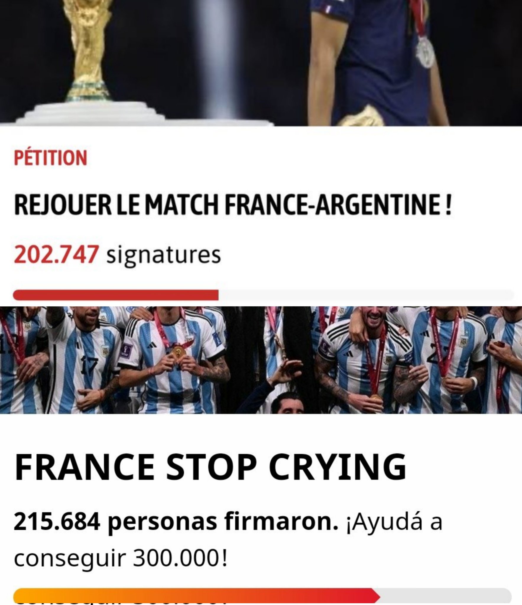 ElBuni on Twitter: "El "FRANCE STOP CRYING " argentino junto más firmas que la petición francesa para repetir la final MUCHAAAAACHOS https://t.co/NLCjmuRR8M" / Twitter