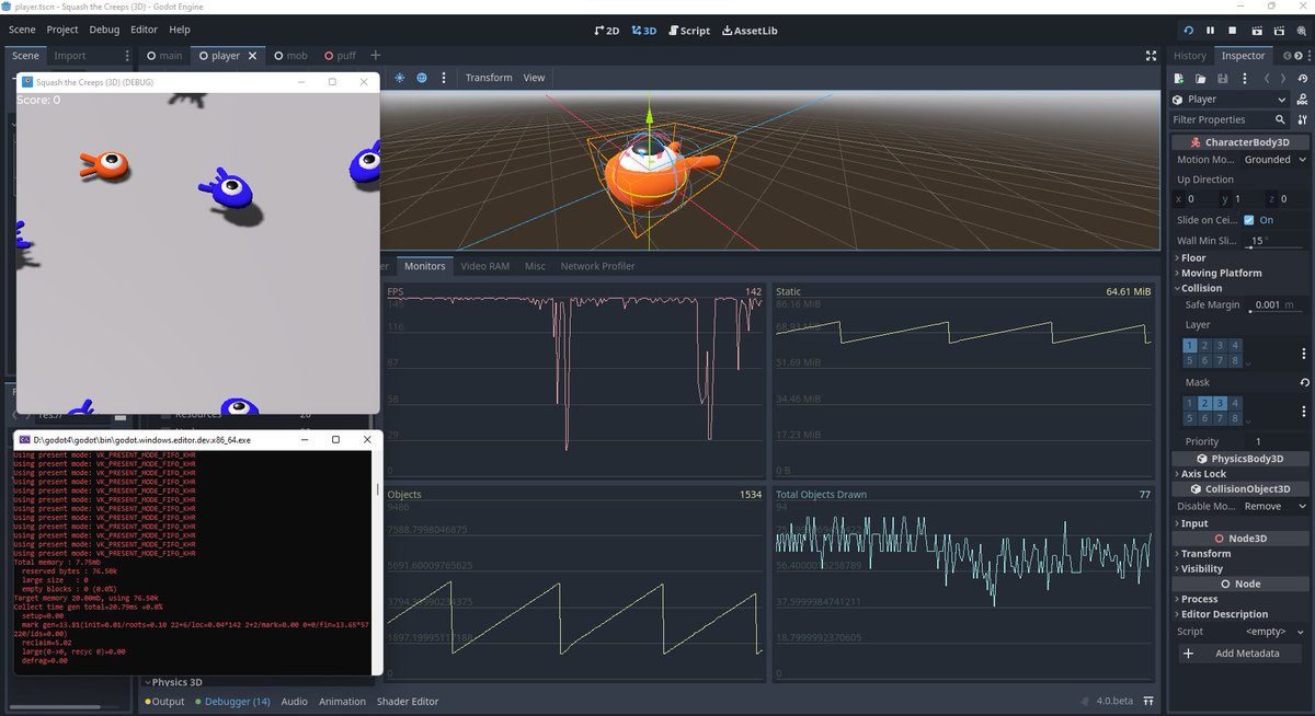 dazKind's tweet photo. Finally!!! The last nasty memory leak &amp; crash is fixed. Now #haxe's GC works along with #GodotEngine's internals and we get the expected saw-tooth-pattern when monitoring memory &amp; object-count in the editor! Now we are back on track! Signals and Linux Support is next! <3 https://t.co/JCG2T6uJkx