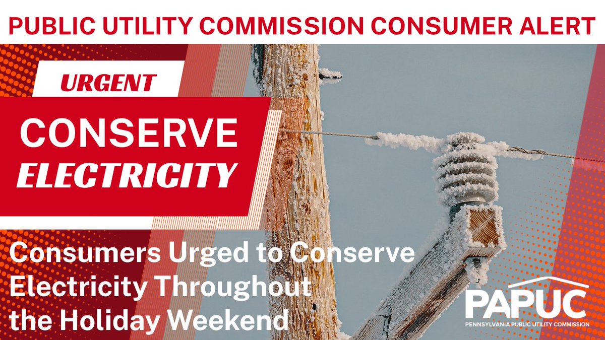 #BreakingNews #ConsumerAlert - Consumers across Pennsylvania and several other states are being asked to conserve electricity throughout the holiday weekend because of extreme cold -- at the request of the region's power grid operator.
ow.ly/l7tN50MbVS5
