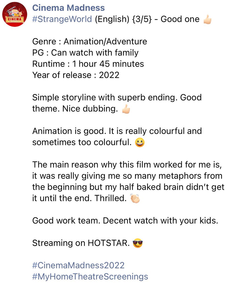 CinemaMadness24's tweet photo. 344. #StrangeWorld (English) {3/5} 👍🏻 #StrangeWorldOnHotstar #StrangeWorldReview @DisneyPlusHS https://t.co/cGqaesF7nN