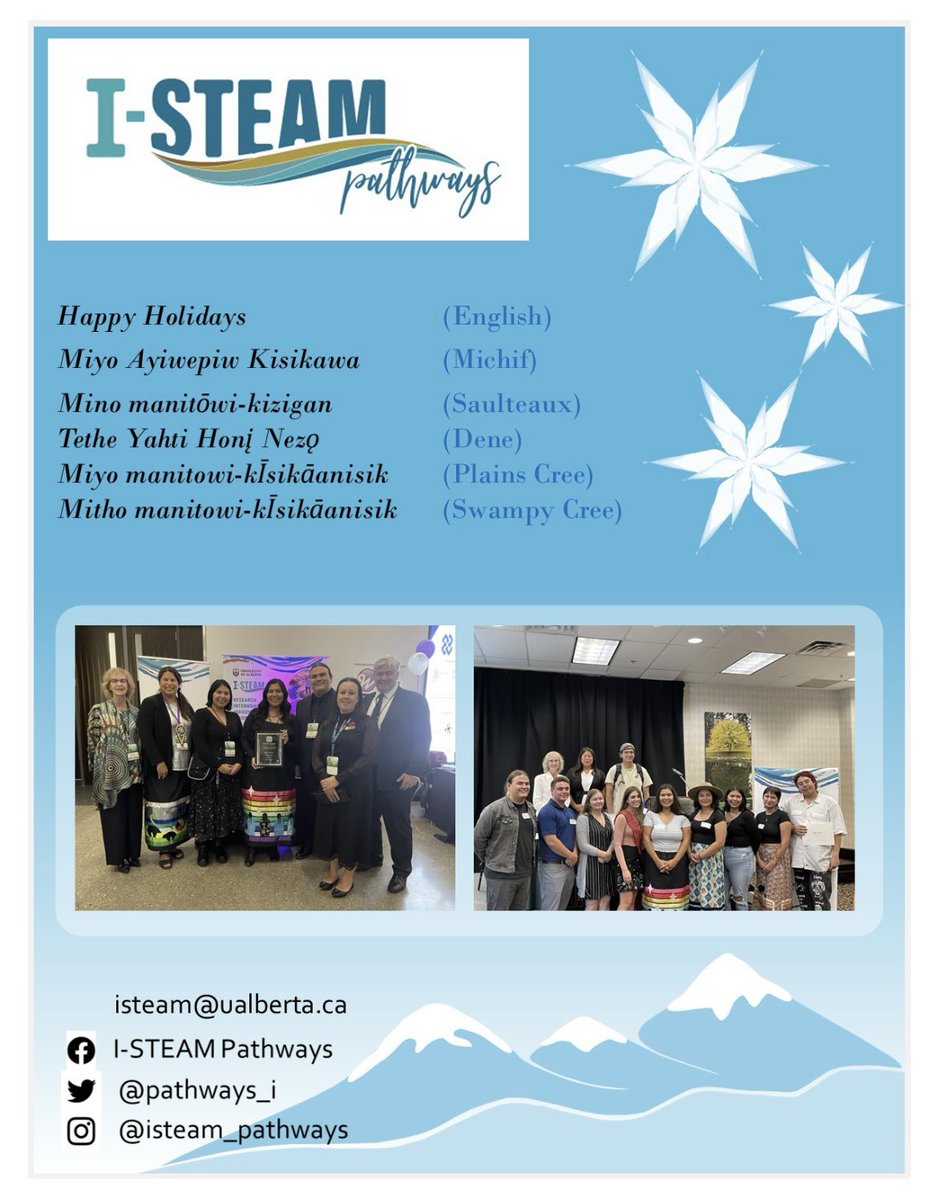 I-STEAM Pathways@UAlberta (@pathways_i) on Twitter photo The I-STEAM Pathways team wants to wish you a safe, restful and nourishing holiday season!
Thanks for all you do to support this #FirstNations #Metis #Inuit summer internship program! <a href="/UAlberta/">University of Alberta</a> is your home away from home.
<a href="/MakereSH/">Dr. Makere Stewart-Harawira @Makere@mastodon.nz</a> <a href="/troutDr/">GregGoss</a> @JMVandenberghe The I-STEAM Pathways team wants to wish you a safe, restful and nourishing holiday season!
Thanks for all you do to support this #FirstNations #Metis #Inuit summer internship program! <a href="/UAlberta/">University of Alberta</a> is your home away from home.
<a href="/MakereSH/">Dr. Makere Stewart-Harawira @Makere@mastodon.nz</a> <a href="/troutDr/">GregGoss</a> @JMVandenberghe