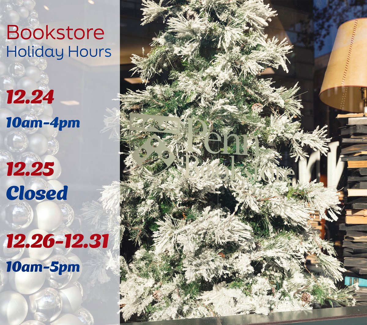 pennbookstore's tweet photo. We’re open! Great gifts are waiting just around the corner.

Penn Bookstore Holiday Store Hours:

Today, 12/24 - Open until 4pm
12/25 - Closed 
12/26 - 10am-5pm (through 12/31)

#Penn #Upenn #ShopPenn #HolidayShopping #holidays2022 #holidays #HolidaySeason2022 #MerryChristmas https://t.co/9MMrBpPZpd