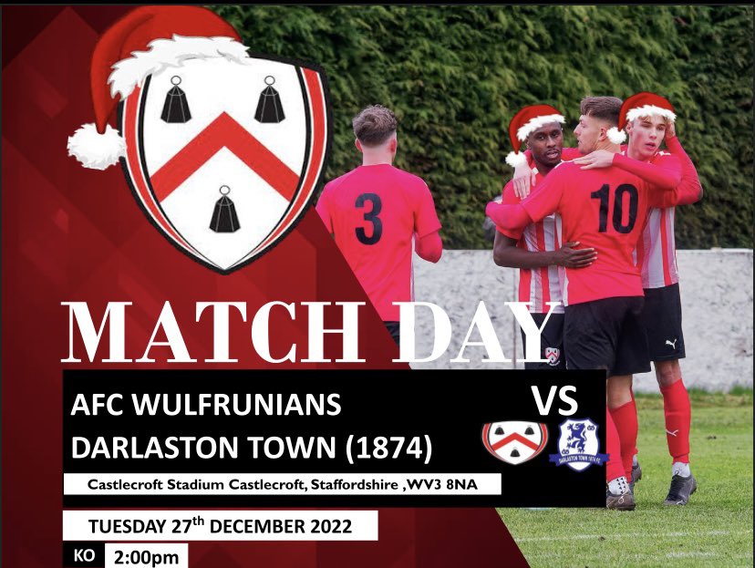 ⚫️Coming Up over the Xmas period🔴 We’re at home to @DarloTown1874FC This should be a Christmas cracker 🎄 🏆 Midlands Premier Division 🗓️ Tuesday 27th December ⏱️ 14:00PM KO 🏟️ Castlecroft Stadium WV3 8NA Please come down and support the boys#uptheWulfs⚽️❤️🖤