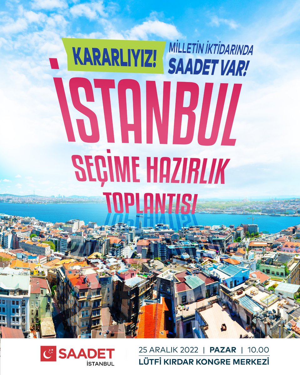 🇹🇷🌳🌊
İstanbul Seçime Hazırlık Toplantısı

🗓 25 Aralık 2022 | Pazar
⏰ 10.00
📍Lütfi Kırdar Kongre Merkezi