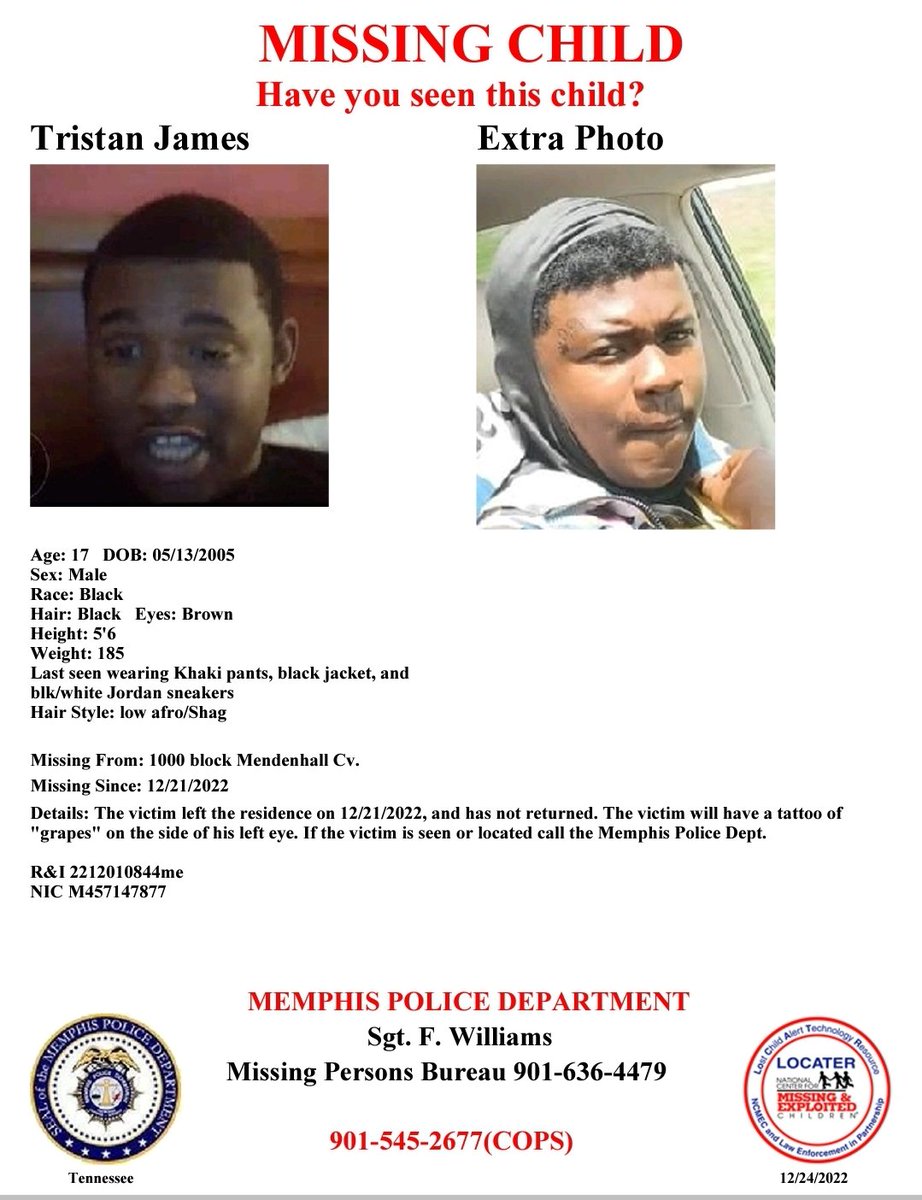 MEM_PoliceDept's tweet photo. Have you seen Tristan James?
Report #2212010844ME

He left the residence on 12/21/2022 and has not returned. https://t.co/0ZZPZel2EB