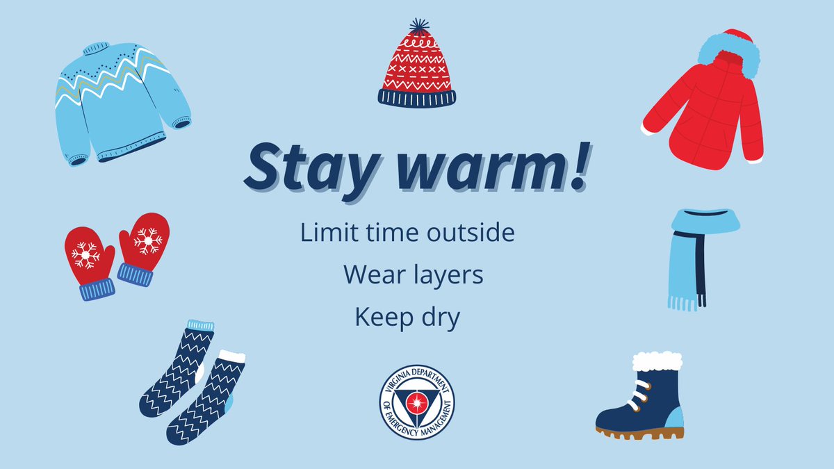 VDEM's tweet image. STAY SAFE, friends! 💙 Remember to:
- Limit your time outside! 
- Protect yourself from frostbite. Hands, feet, and face are the most commonly affected areas.
- Keep dry.
- Wear several layers of loose-fitting, lightweight, warm clothing.
More: bit.ly/3JohO1I