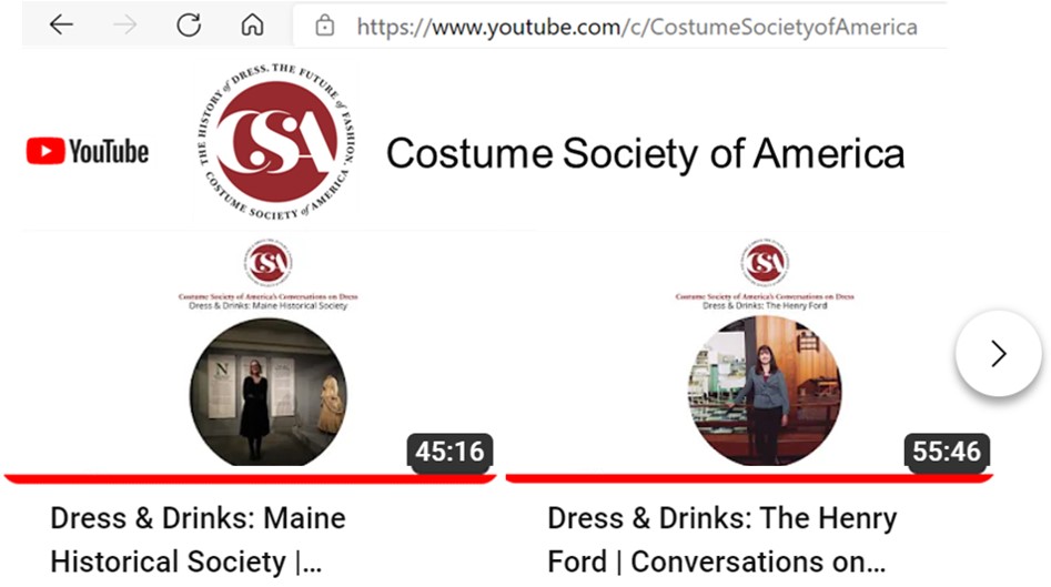 November’s and December’s Dress &amp; Drinks programs are now available on our YouTube Channel. CSA’s President Elect Leon Wiebers speaks with Jeanine Head Miller and Jamie Kingman Rice.

Click here to view!:
costumesocietyamerica.com/november-and-d…