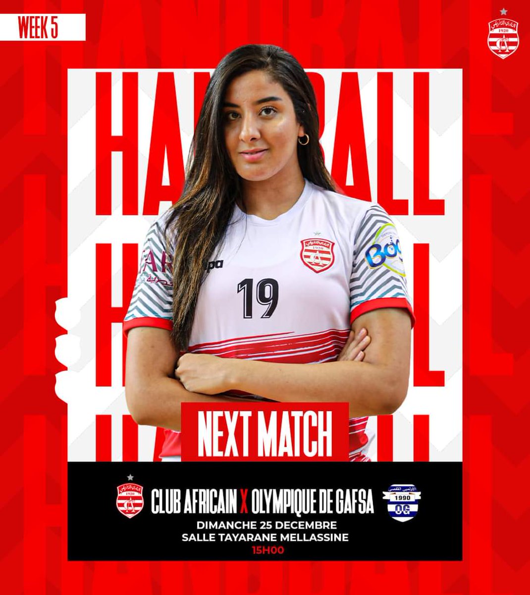 clubafricain's tweet photo. 🤾🏼♀️ 𝙽𝙴𝚇𝚃-𝙼𝙰𝚃𝙲𝙷 🤾🏿♀️
🆚 Olympique de Gafsa
🏆 Elite Dames, Journée 5
🏟 Salle Tayarane Mellasine
📆 Dimanche 25 Décembre ⏰ 15 H
#ClubAfricain #CAhand #dames #CAOG https://t.co/a3nQH2Cr56