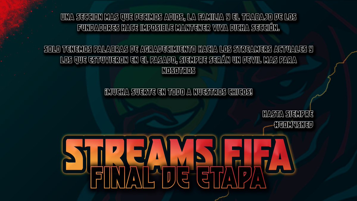 #ComunicadoOficial 

𝐀𝐃𝐈𝐎𝐒 𝐀 𝐋𝐎𝐒 𝐒𝐓𝐑𝐄𝐀𝐌𝐄𝐑𝐒

😢 Damos por concluida también la sección de #streamers 

🫂 <a href="/CoqueMorales8/">Jorge Morales</a> <a href="/adrygarry9/">Adrygarry9</a> <a href="/lumocre31/">Lumocre🎙</a> <a href="/xFarcoN_/">FarcoN 🤑✌🏼</a> 

Gracias a todos, también a los que algún día estuvieron. 

Mención especial para Coque 🙌