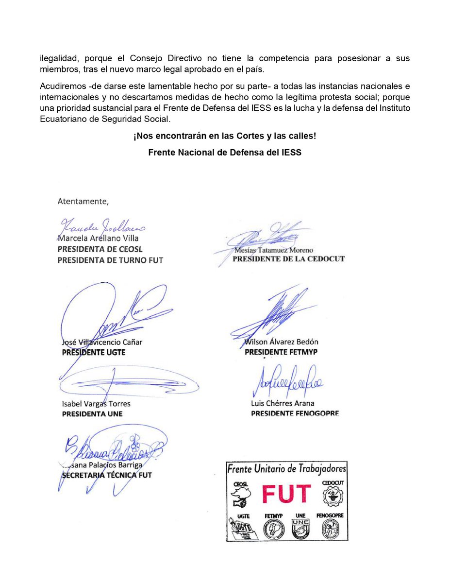 prensaceosl's tweet photo. Desde el Frente Nacional de Defensa del IESS rechazamos la intensión de posesionar en el directorio del @IESSec a una persona que no representa a los asegurados y aportantes. 

#ElIESSseDefiende #Ecuador 
@teleamazonasec @EcuavisaInforma @eluniversocom https://t.co/PQKCFoDZMW