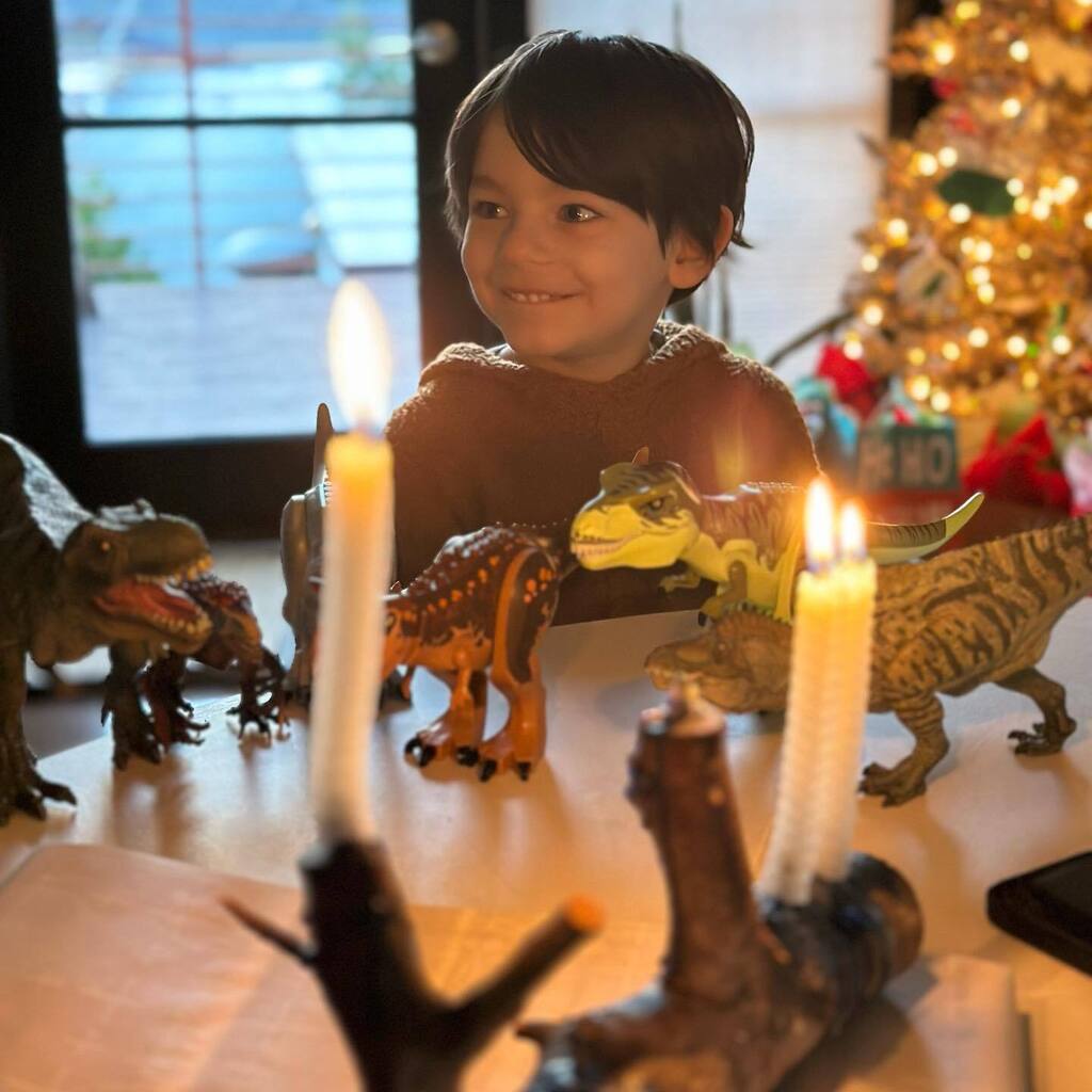 ag457's tweet photo. Been out here having so much fun teaching the #dinosaurs all about #hanukkah this year that we forgot to post this night two photo until now. #happyhanukkah friends! #AsherTAndMe  #And Dinosaurs | 📸 @jobozarth https://t.co/cLXTWfrR2f https://t.co/IktizYDS1c