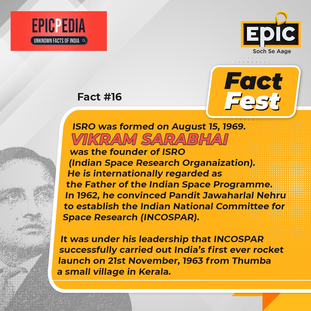 OfficalEPICTV's tweet photo. #EpicFacts: In 1973, a crater on the moon was named in Vikram Sarabhai’s honour by the International Astronomical Union in Sydney, Australia.
Follow #FactFest for more & keep watching EPIC.
#SochSeAage
#EpicFactFest #FactFest #FactTime #VikramSarabhai #ISRO #Space https://t.co/wYMweU77XH