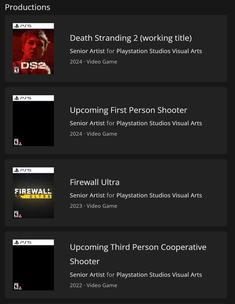 PSBlue10's tweet image. حسب ما تم ذكره في احد الملفات الشخصية لأحد مصممي الشخصيات لدى شركة Sony بأن لعبة Death Stranding 2 و لعبة تصويب من منظور الشخص الأول قادمتان في عام 2024
 و لعبة Factions II و Firewall Ultra  قادمتان في العام القادم 2023