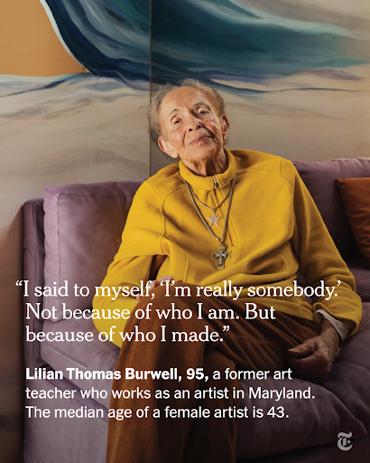 nytimes's tweet photo. Lilian Burwell, 95, recently had an exhibition in New York that drew so much attention, as she puts it, that she’s been making “real money.” 

“I can’t keep up with myself anymore!” she said. https://t.co/2zXXiLv1zj