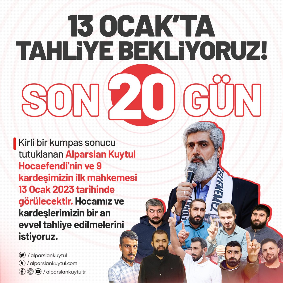 Alparslan Kuytul Hocaefendi'nin Mahkemesine Son 20 Gün!

Kirli bir kumpas sonucu tutuklanan Alparslan Kuytul Hocaefendi ve 9 kardeşimizin 13 Ocak 2023 tarihinde görülecek olan mahkemesinde tahliye bekliyoruz.

Özgürlükİçin AdımAdım
#13OcaktaTahliyeBekliyoruz