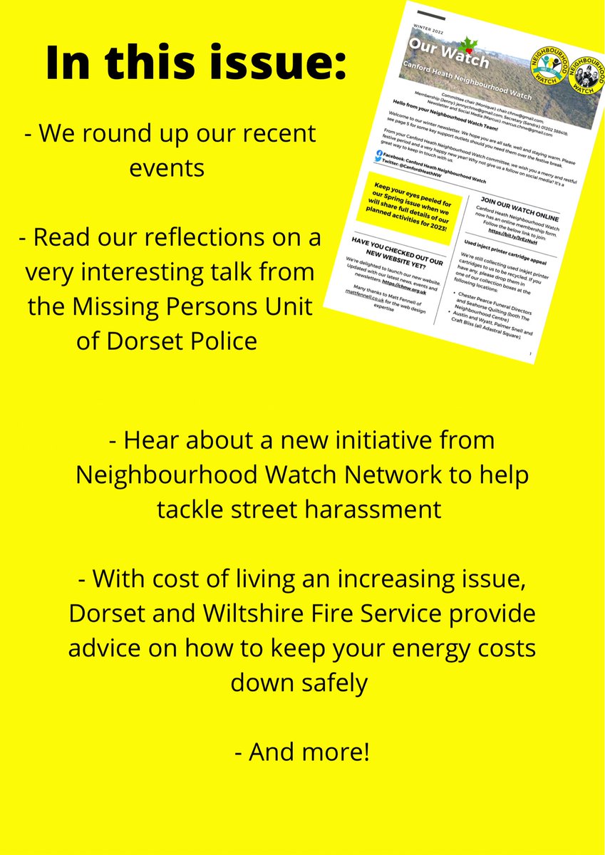 🆕☃️ WINTER NEWSLETTER ☃️🆕 

Our winter newsletter is out now!

Not a member? To begin receiving our newsletter, SIGN UP HERE 👉 bit.ly/3rEzNuH 

Enjoy the read 😊

#canfordheath #neighbourhoodwatch #chnw