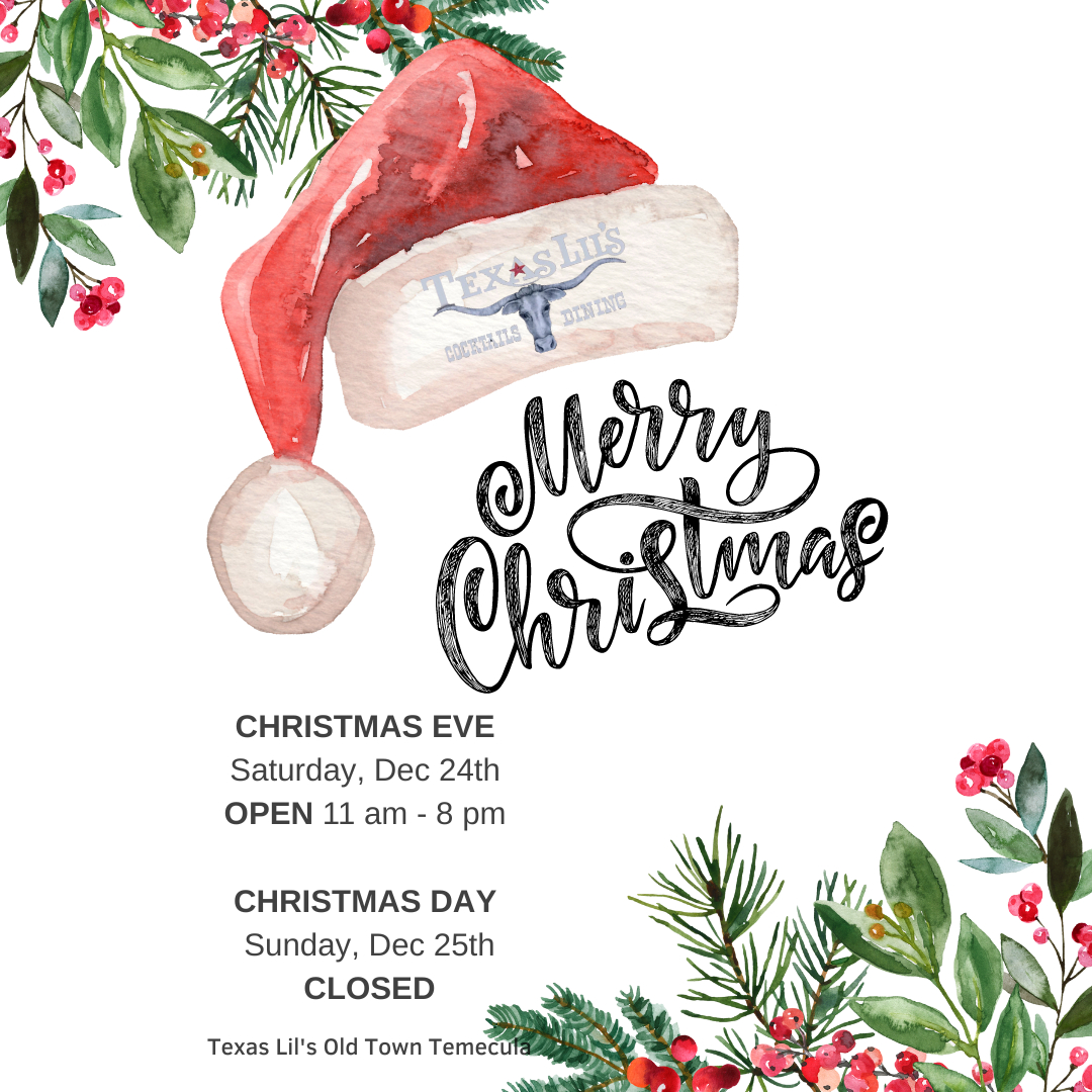 From all of us at #TexasLils to all of you, Merry Christmas #Temecula🕊 We are open until 8 pm today and closed Sunday. We are looking forward to celebrating the end of #2022 and ringing in the New Year with y'all 🥂